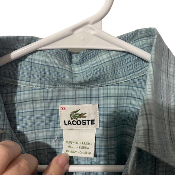 LACOSTE Blue & White Plaid Lightweight 100% Cotton Long Sleeve Button Down Top - Picture 3 of 5